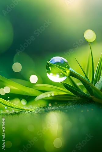 Close up of dew drop on fresh green grass leaf in the early morning