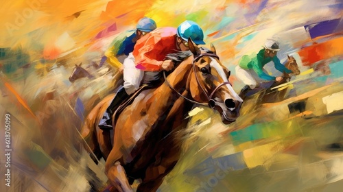 Cup Day at the Races, Horses racing at Melbourne Cup Day, Abstract Art, Digital Illustration, Generative AI © Badger