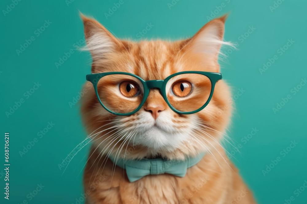 Closeup of ginger cat in teal eyeglasses, on solid teal background. AI generative.