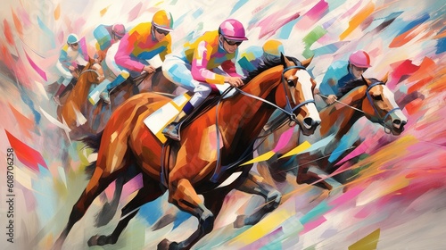 Cup Day at the Races, Horses racing at Melbourne Cup Day, Abstract Art, Digital Illustration, Generative AI
