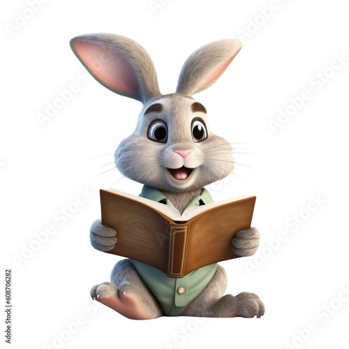 ai generated a rabbit reading a book 3d cartoon character with white background © linen