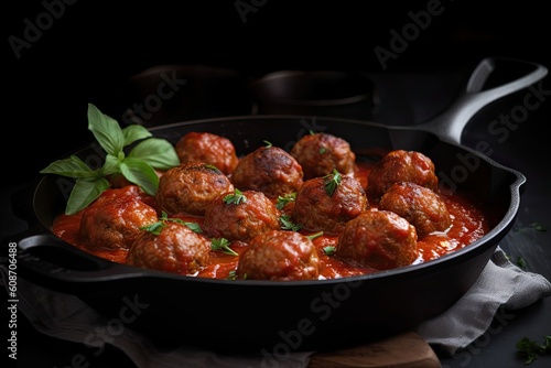 Juicy pork meat balls in tomato sauce in a frying pan on a dark background. Generative ai.