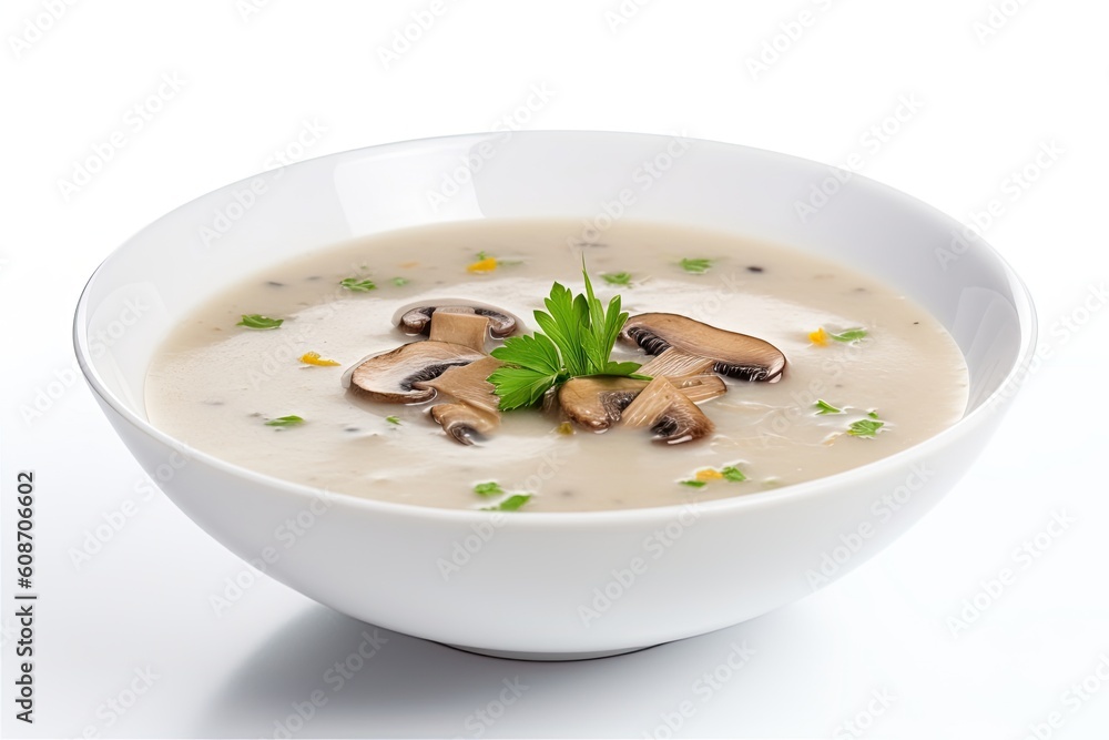 Autumn delicacy, mushroom cream soup on a white background. Generative ai. Autumn delicacy, mushroom cream soup on a white background. Generative ai.
