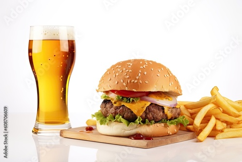 Special offer on the menu, beer with burger and fries. Generative ai.