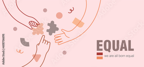 Diverse human hand together equality concept card illustration