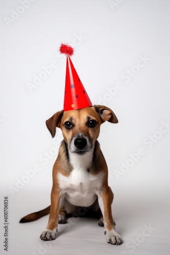 Cute dog celebrating with a red party hat. Generative AI © nadunprabodana