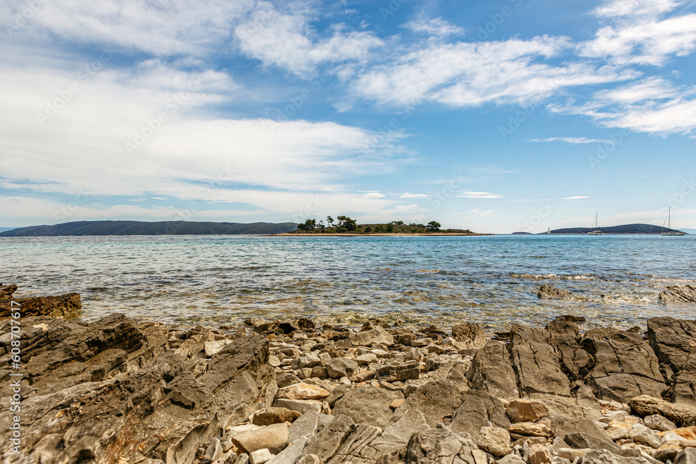 Holiday in croatia: View from an island at Blue Lagoon in spring outdoors Holiday in croatia: View from an island at Blue Lagoon in spring outdoors