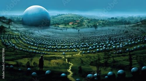 Fotografija a person standing in a field of round balls. Generative AI Art.