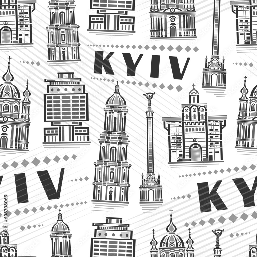 Vector Kyiv Seamless Pattern, square repeating background with illustration of famous european kyiv city scape on white background for bed linen, monochrome line art urban poster with black text kyiv