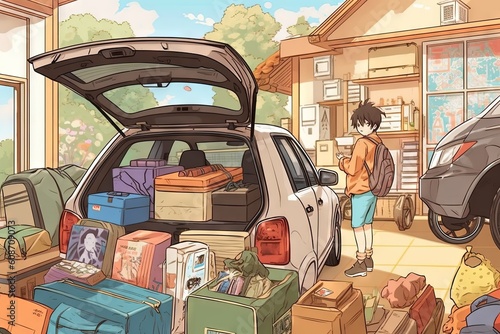 first - year students at home packing supplies, luggage, and more into cars, then unloading on campus with the help of parents Off to university, manga style illustration generative ai