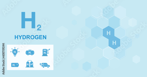 H2 Hydrogen The concept of hydrogen fuel becoming renewable in industrial processes. hydrogen storage on the blue icon