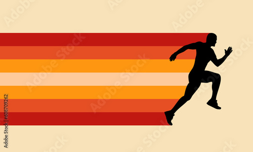  Sprinting man vector silhouette. Sprint, fast run. Runner starts running. Start. Vintage Striped Backgrounds, Posters, Banner Samples, Retro Colors from the 1970s 1980s, 70s, 80s, 90s. retro vintage