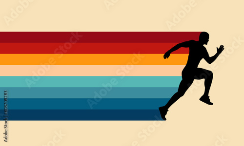  Sprinting man vector silhouette. Sprint, fast run. Runner starts running. Start. Vintage Striped Backgrounds, Posters, Banner Samples, Retro Colors from the 1970s 1980s, 70s, 80s, 90s. retro vintage