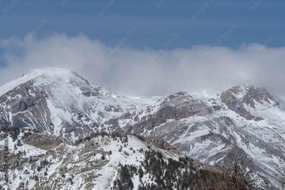 Ligurian Alps mountain range in winter, Piedmont region, northwestern Italy