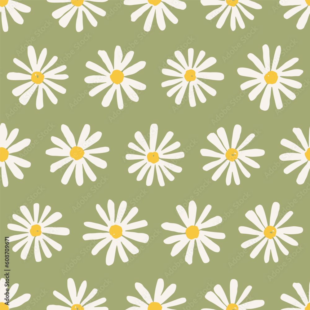 Hand drawn seamless vector pattern with lovely chamomile. Cute summer background with daisy flowers for prints and wallpapers. Wildflowers endless pattern in trendy flat style. Meadow floral art