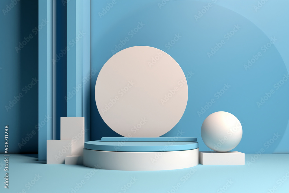 Minimal scene with podium and abstract background. Pastel blue and white colors scene. AI generative Minimal scene with podium and abstract background. Pastel blue and white colors scene. AI generative