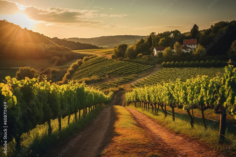 Vineyards with grapevine and winery along wine road in the evening sun. AI generative - obrazy, fototapety, plakaty 