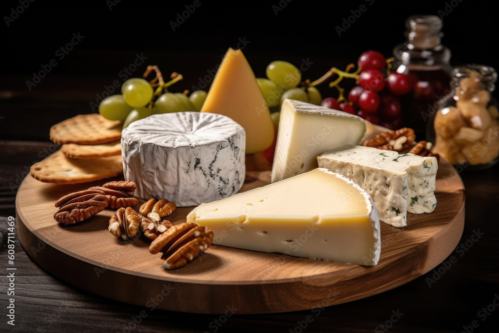 French cheese board with grapes and nuts on wooden table. Ai generative