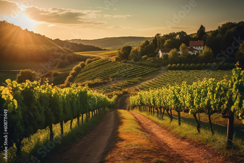 Vineyards with grapevine and winery along wine road in the evening sun. AI generative photo
