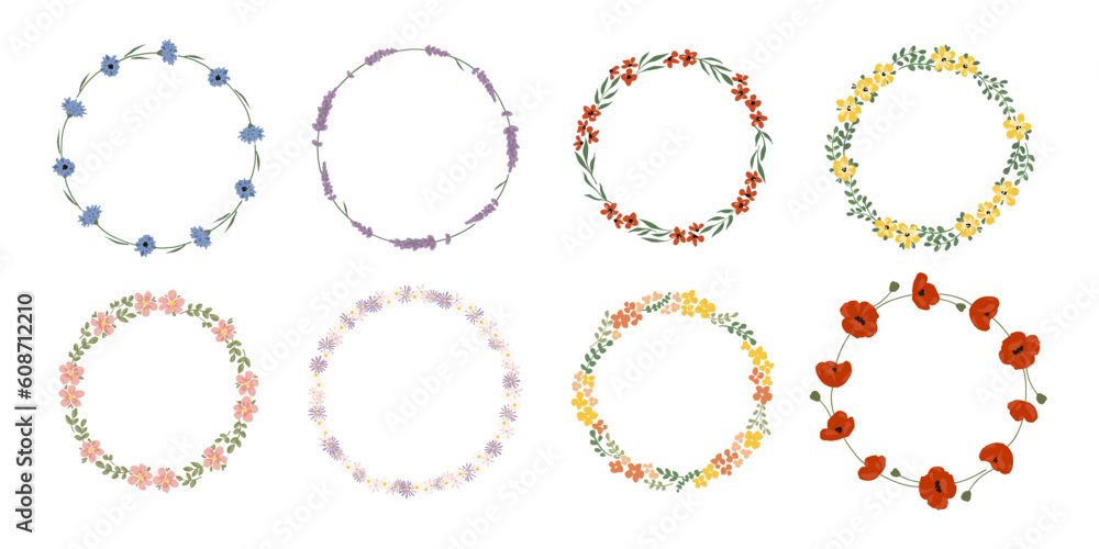 Set of hand drawn vector blooming wreaths with lovely wildflowers. Charming round frames for summer designs and holidays. Botanical templates. Elegant vintage wreath. Flat floral illustration Set of hand drawn vector blooming wreaths with lovely wildflowers. Charming round frames for summer designs and holidays. Botanical templates. Elegant vintage wreath. Flat floral illustration
