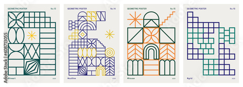 Abstract modern geometric posters. Vector patterns influenced by art deco and minimalism. Trendy geometric backgrounds for prints, covers, invitations or cards. Architectural and line art shape set.