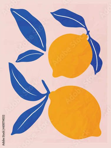 Abstract art background vector. Natural hand drawn pattern design with flower, lemon,leaves, branch. Simple contemporary style illustrated Design for fabric, print, cover, banner, wallpaper.