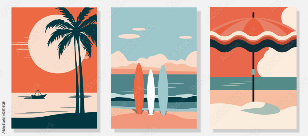 Summer time. Beach party and travel. Perfect background, vacation season, weekend, beach. Vector illustration in minimalistic style for posters, cover art, flyer, banner.