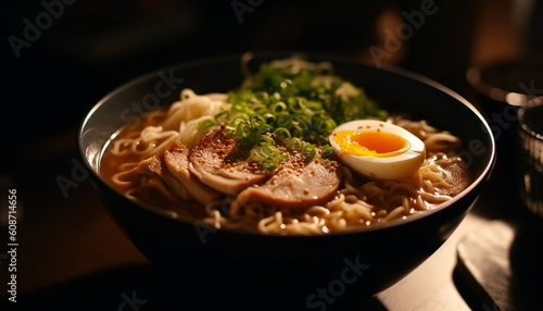 Healthy yellow ramen bowl with sliced pork and vegetables steaming generated by AI