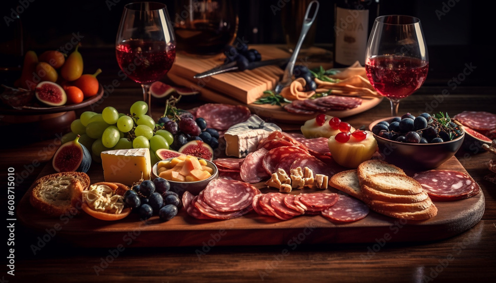 A rustic Italian buffet with smoked meats, fresh ciabatta, and wine generated by AI