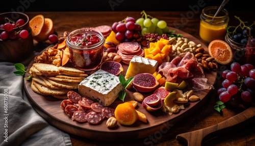 A rustic appetizer tray with fresh meat, fruit, and bread generated by AI