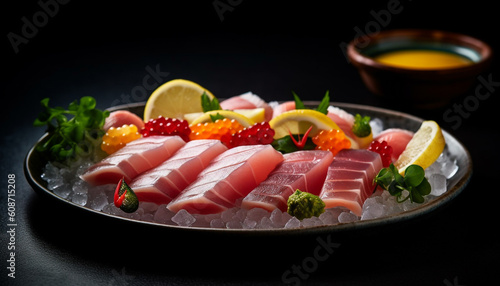 Fresh seafood and meat on black plate, Japanese delicatessen meal generated by AI