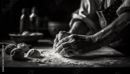 Senior woman kneading dough in rustic kitchen, preparing homemade meal generated by AI