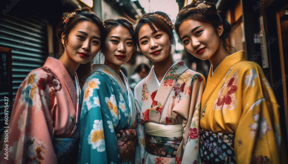 Confident geisha and friends celebrate traditional festival with elegance outdoors generated by AI Confident geisha and friends celebrate traditional festival with elegance outdoors generated by AI