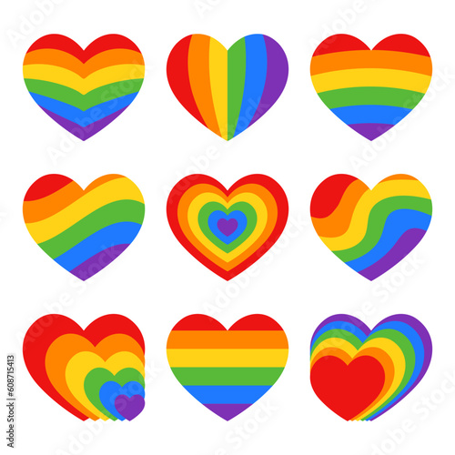 Rainbow hearts in colors of LGBTQ flag isolated on white background. Set of LGBT symbols. Vector elements for Pride Month design, sticker pack
