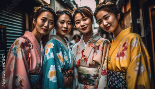 Confident geisha and friends celebrate traditional festival with elegance outdoors generated by AI