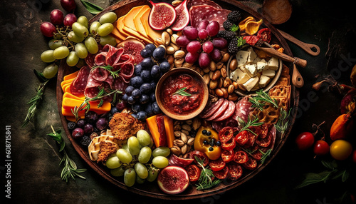 A gourmet tapas meal with smoked meat, Camembert, and wine generated by AI