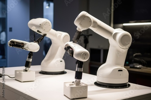 Cobot, collaborative robot. These robots are collaborative because they can safely work together with people. AI generative photo