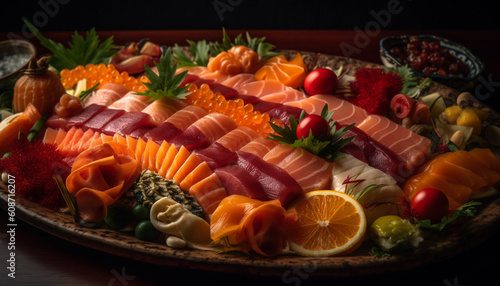 A gourmet seafood meal with fresh sashimi, nigiri, and maki generated by AI