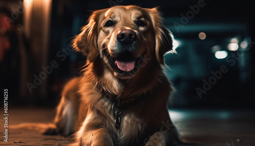 Joyful golden retriever puppy sitting outdoors, looking at camera cheerfully generated by AI