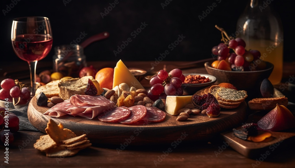 A rustic table with a gourmet snack plate and wine bottle generated by AI