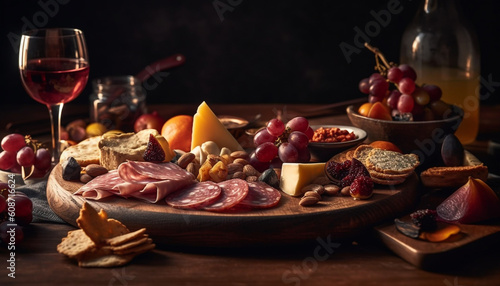 A rustic table with a gourmet snack plate and wine bottle generated by AI