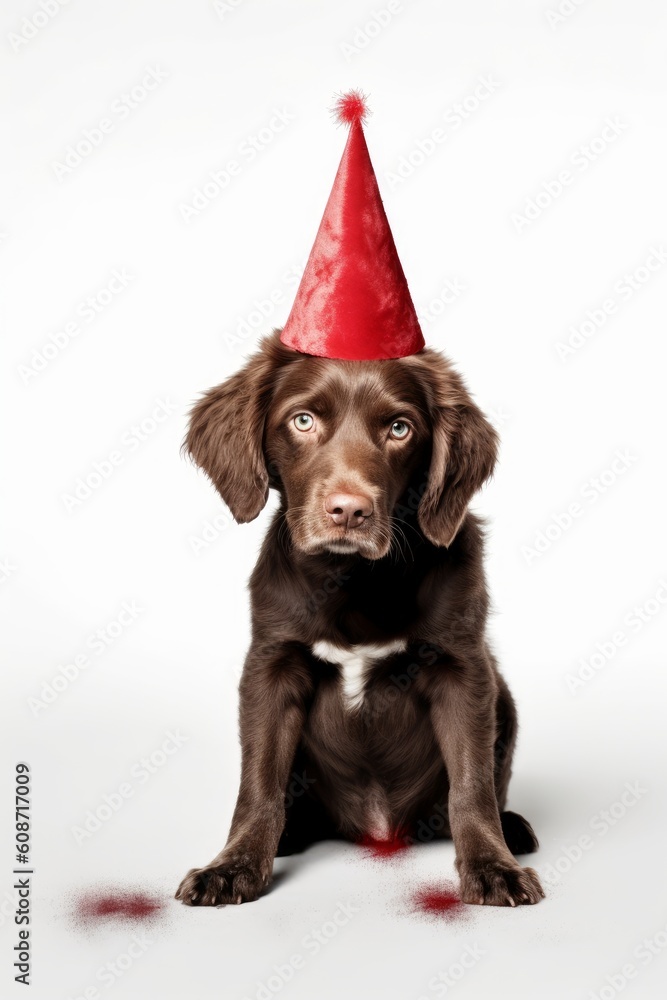 Cute dog celebrating with a red party hat. Generative AI Cute dog celebrating with a red party hat. Generative AI