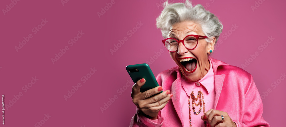 Funny old woman looking at a smartphone screen and laughing. Generative AI Funny old woman looking at a smartphone screen and laughing. Generative AI