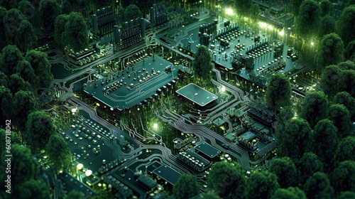 Abstract circuit boards with little green trees growing. Looks like a little digital city with greenery.