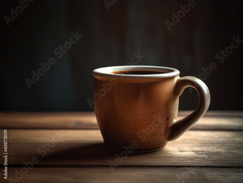 Hot coffee served in a beautiful porcelain mug. Placed on a table with a dark background. Light source from one direction.