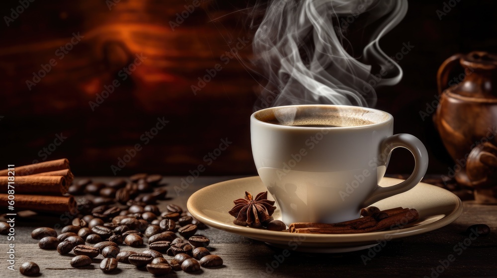 Cup of coffee with smoke and coffee beans on old wooden background. Generative AI Cup of coffee with smoke and coffee beans on old wooden background. Generative AI
