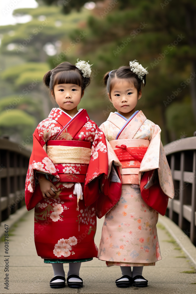 Two little girls in kimono standing on a bridge. Generative AI. Shichi-Go-San festival day.