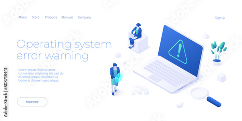 Operating system error warning illustration in isometric vector design. OS alert concept or website mistake. Computer failure or danger, maintenance problem.