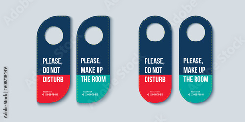 Hotel door hanger design for handle or knob. Do not disturb, please service or clean room doorhanger template. Vector die cutting inform sign.