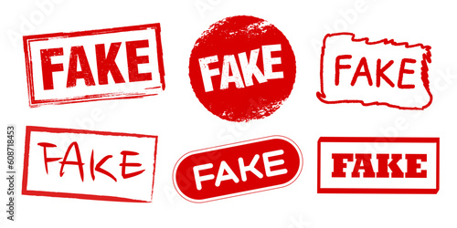 Stamp with word fake illustration set in grunge flat vector deisgn. Icon or sticker template for news or social media warning banners. Red inscription layout concept.
